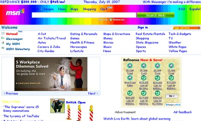 Captura de la página de inicio de MSN, con su cuadrícula de colores, publicidad y enlaces sobrecargados, típica del diseño web de mediados de los 2000