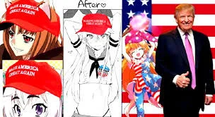 Montaje de personajes anime con gorras rojas "MAKE AMERICA GREAT AGAIN" junto a una fotografía de Donald Trump sobre la bandera estadounidense